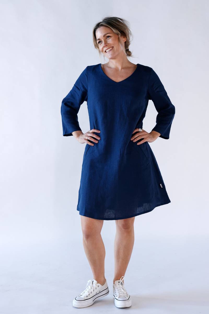 Josefina navy-blue short linnen dress